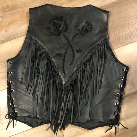 Hyde Out Black Fringe Leather Tie at Side Suede Roses Vest Size M - Picture 10 of 10